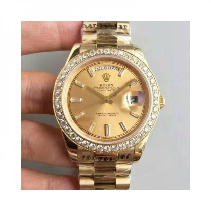 Rolex Day-Date 40 228348RBR 40MM Replica KW Yellow Gold & Diamonds Champagne Dial Swiss 3255