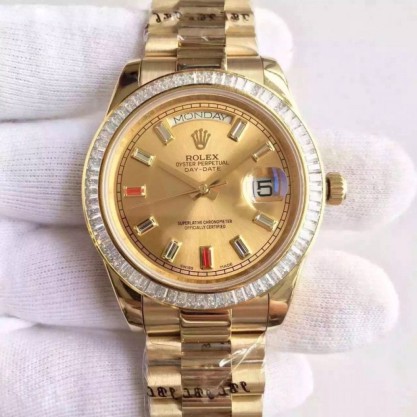 Rolex Day-Date II 218238 41MM Replica KW Yellow Gold & Diamonds Champagne Dial Swiss 3255
