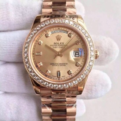 Rolex Day-Date II 218235 41MM Replica KW Rose Gold & Diamonds Gold Dial Swiss 3255