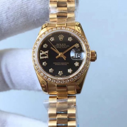 Rolex Lady Datejust 28 279138RBR 28MM Replica Yellow Gold & Diamonds Black Dial Swiss 2671